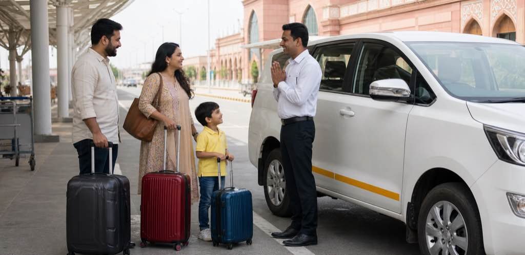 Driver welcoming a family beside a taxi at Jaipur airport